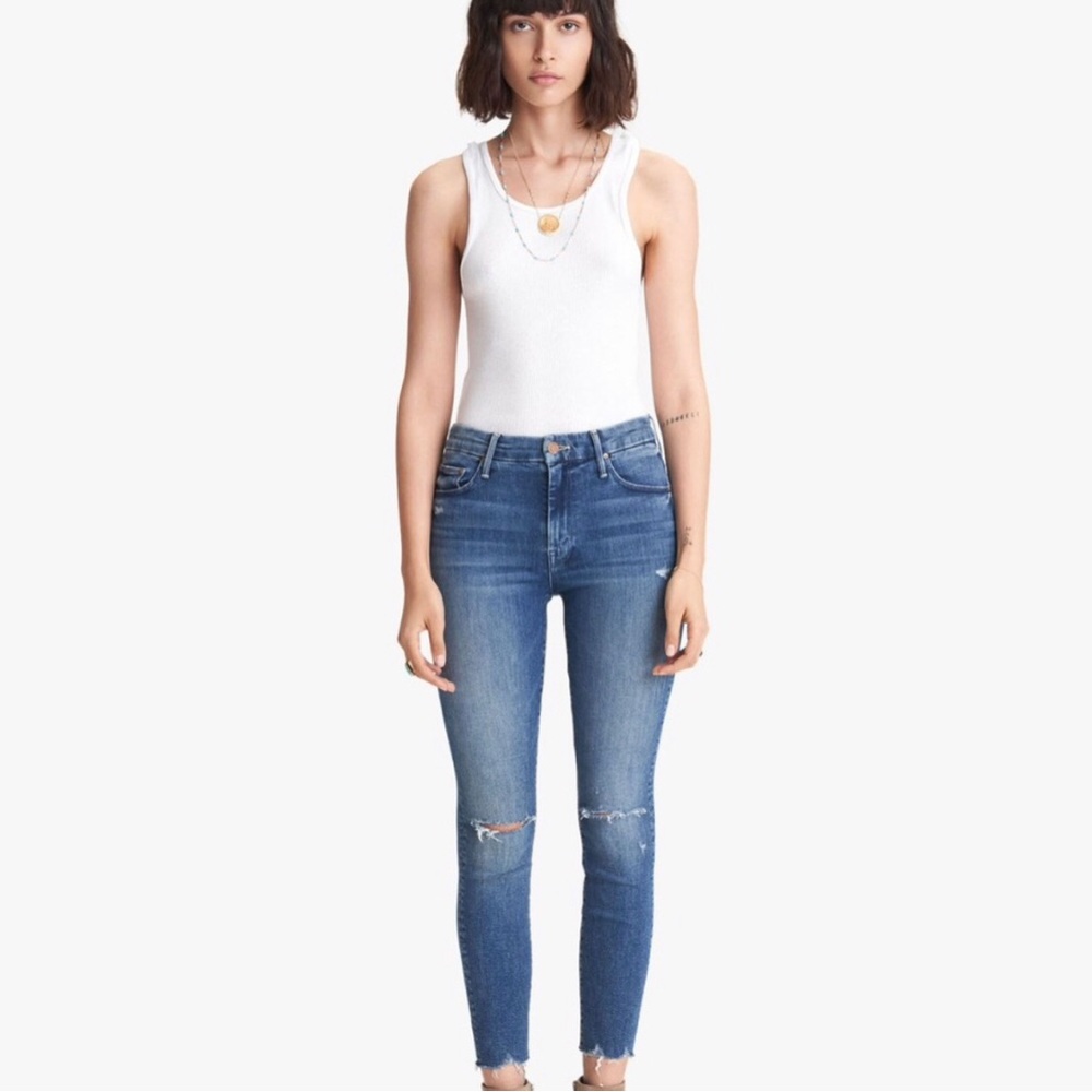 MOTHER DENIM HIGH WAISTED LOOKER ANKLE FRAY JEANS IN Get Your Groove Bac…